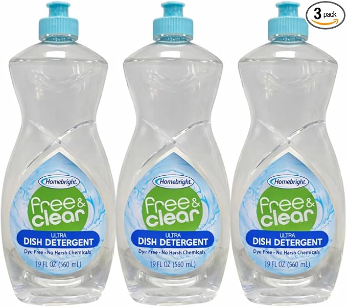HOMEBRIGHT [ 3 Pack ] Free & Clear Concentrated Hypoallergenic Dish Detergent Baby Safe Gentle Formula No Dyes, No Harsh Chemicals 19 FL OZ (560 mL)