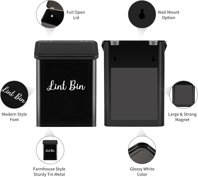 Metal Magnetic Lint Bin for Laundry Room, Wall Mounted Laundry Lint Bin with Lid & Lint Brush, Modern Farmhouse Laundry Room Decor
