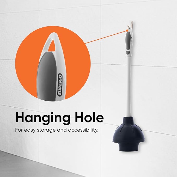 Superio Sink & Toilet Plunger with Toilet Bowl Brush and Holder Set - Dual-Purpose Drain Plunger with Mold-Resistant Rubber Head & Ergonomic Grip
