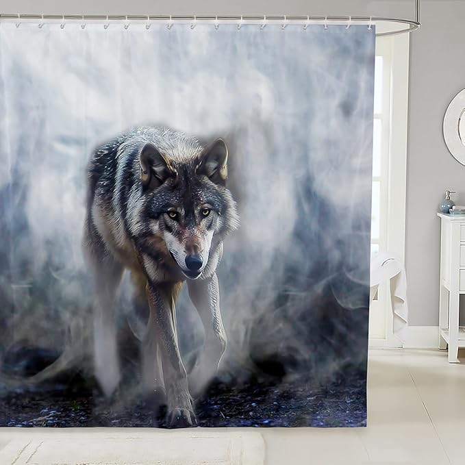 3D Wolf Shower Curtain for Kids Boys Girls Teens Wolves Shower Curtain with Hooks African Wild Animals Polyester Bathroom Curtain Set 72Wx72L