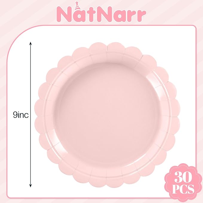 NatNarr 30 Pcs Pink Paper Plates 9 Inch Scalloped Pink Plates Cute Dessert Cake Party Plate for Girls Birthday, Baby Bridal Shower, Wedding