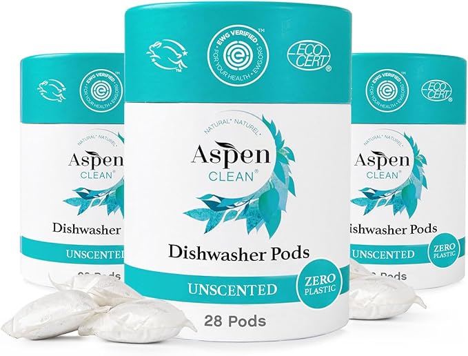 AspenClean | Unscented Dishwasher Pods | Cuts Grease and Grime | Zero Plastic | Non - Toxic | 100% Natural Dishwasher Detergent | EWG Verified - 28 Count (Pack of 3)