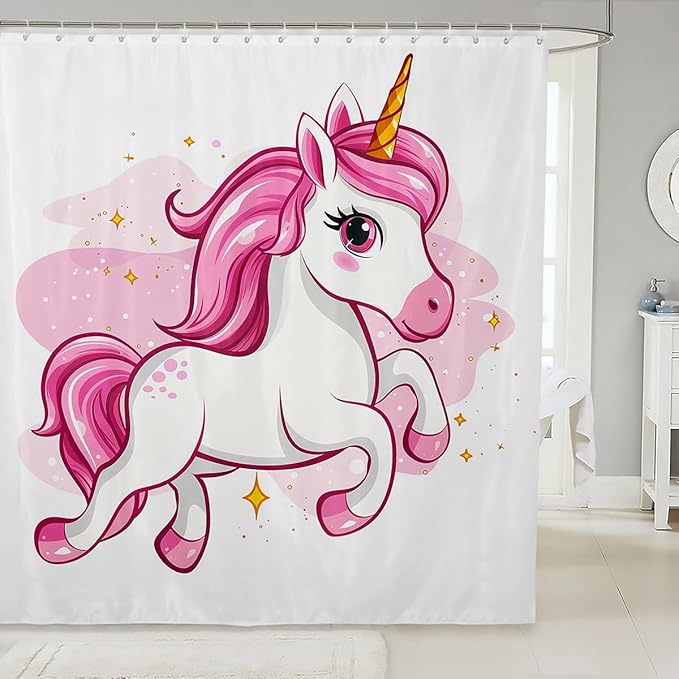 Pink Unicorn Shower Curtain Kawaii Bath Curtain 72"Wx72"L Cute Dreamy Horse Bathtubs Shower Curtain Set for Kids Child,Cartoon Magical Animal Bathroom Accessories Princess Girls Decor Plain White