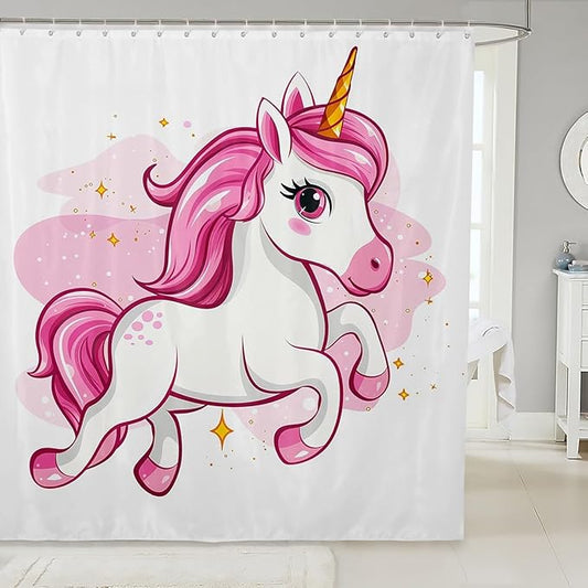 Pink Unicorn Shower Curtain Kawaii Bath Curtain 72"Wx72"L Cute Dreamy Horse Bathtubs Shower Curtain Set for Kids Child,Cartoon Magical Animal Bathroom Accessories Princess Girls Decor Plain White