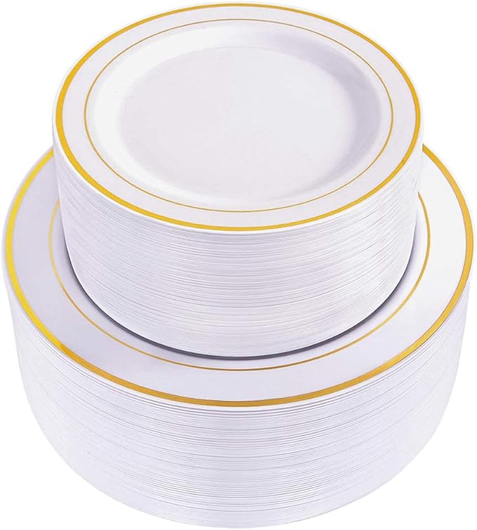 WDF 120 pieces Gold Disposable Plastic Plates - White and Gold Plates Include 10.25" Dinner Plate & 7.5" Salad Plate for Party Baby Shower Wedding Spring