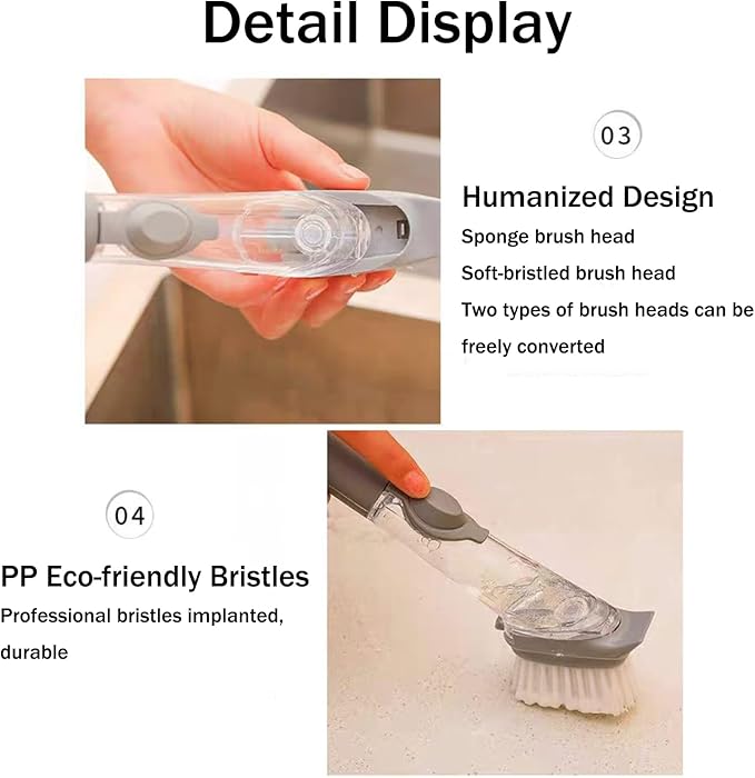 Soap Dispensing Dish Brush with Holder, Kitchen Pot Pan Scrub Brush Set with Replaceable Brush Head, Sink Cleaning Brush with Storage Tray (3-piece Brush Head Set)