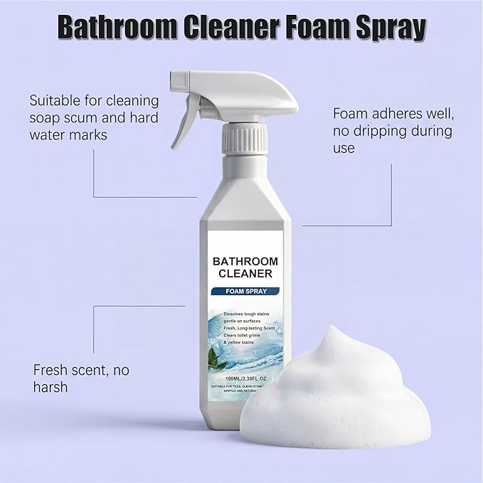 3.38Oz Bathroom Cleaner Foam Spray, Scale Remover Bathroom Cleaner, Powerful Scale Remover, Suitable For Tiles, Glass, Stainless, Steel (1pcs)