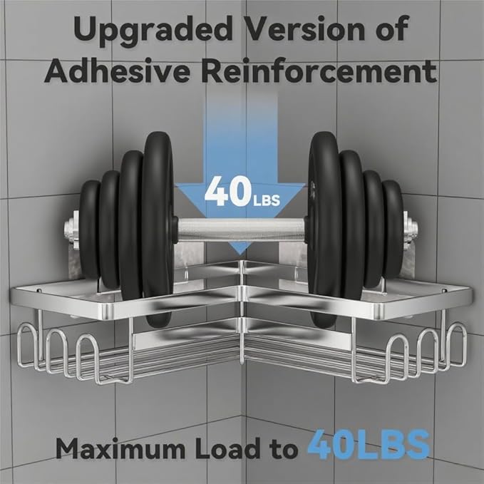 3 Pack Adhesive Corner Shower Caddy Shelf Organizer Rack, No Drilling Stainless Steel Shower Storage Rack with Hooks for Bathroom Storage & Home Decor