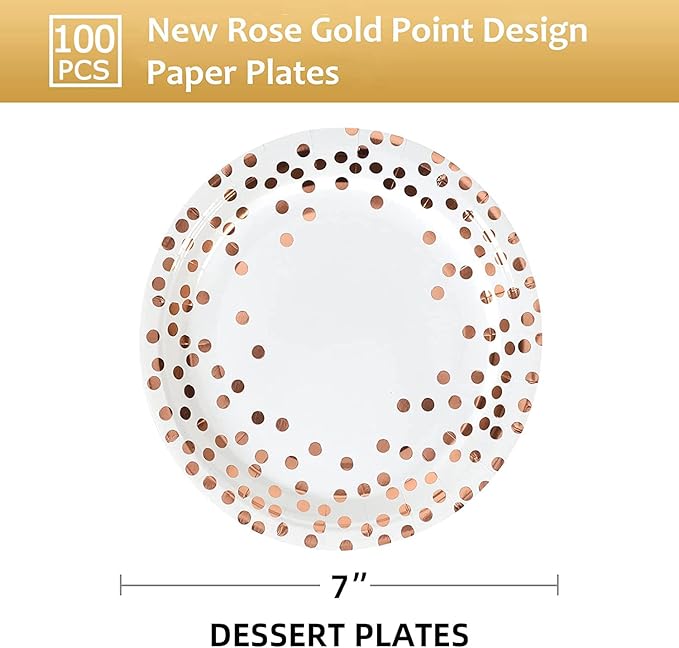 Rose and White Gold Paper Plates,7INCH Rose Dessert Plates,Disposable Party Supplies Dessert Paper Plate for Birthdays,Bridal Showers,Weddings(100 PCS)