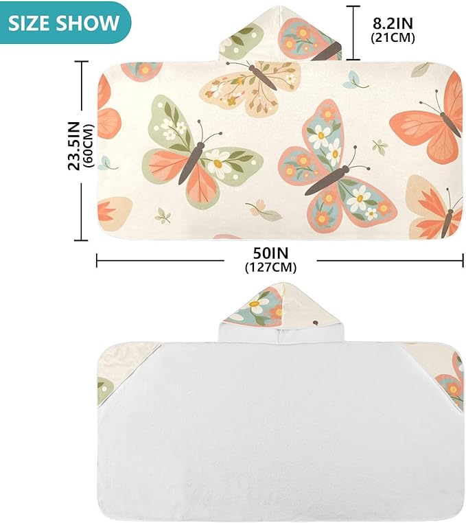 SUABO Kids' Bath Towels Butterfly with Flower Hooded Towels for Boys Girls,Toddler Towels Multi-Purpose for Beach,Pool and Bathroom,23.5" x 50", Soft and Highly Absorbent