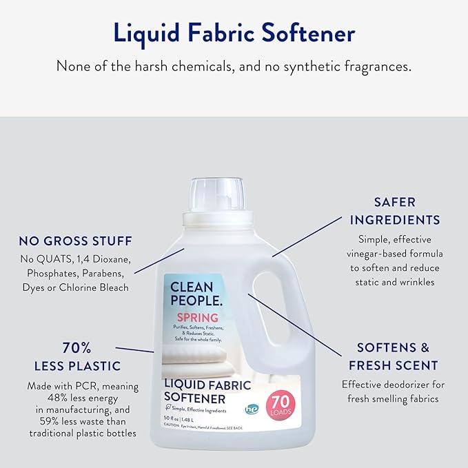 Clean People All Natural Liquid Fabric Softener - Plant-Based, Eco Friendly - Naturally Softens & Removes Static Cling - Vegan - Spring Scented Laundry Softener - 100 fl oz - 140 loads