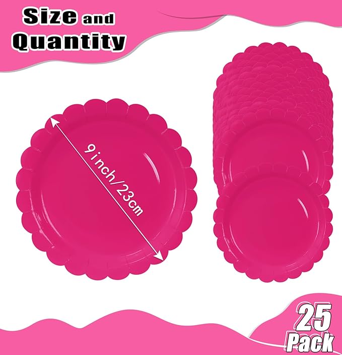 HEIPINIUYE 25 Pieces Hot Pink Paper Plates 9 Inch Disposable Hot Pink Scalloped Dinner Plates for Wedding Baby Shower Birthday Party Dessert Plate
