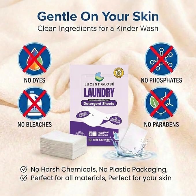 Lucent Globe Laundry Detergent Sheets. Pre-Measured Laundry Sheets. Powerful Stain Removal. Works in All Clothes Washers. World's Best Smelling Laundry Detergent. (1 Pack - 80 Washes, Lavender)