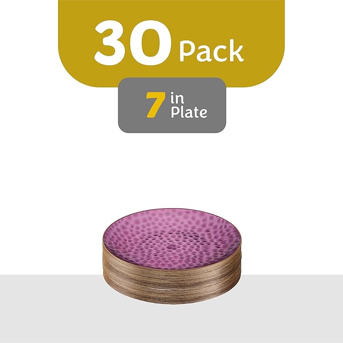PLASTICPRO 30 Pack Hammered Plastic Plates Heavyweight Disposable Plastic Plates Elegant Transparent Purple Hammered with Gold Rim Platsic Party Dishes (Hamered Purple With Gold Rim, 7'' INCH PLATES)