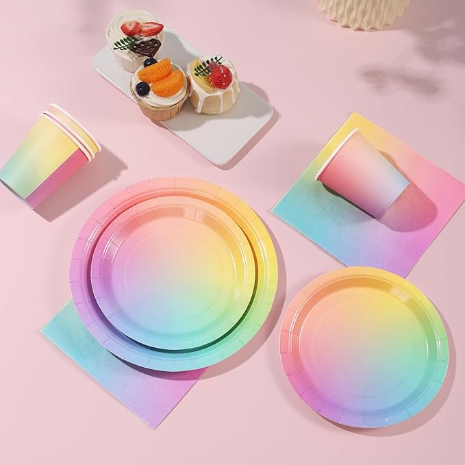 Rainbow Birthday Decorations for Girls, Pastel Rainbow Plates and Napkins 200Pcs, Girl Birthday Plates and Napkins, Easter Mother's Day Hawaiian Luau Colorful Pride Month, Serves 50