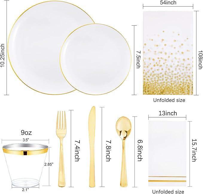 Festiva 176Pcs White and Gold Plastic Plates - White with Gold Rim Fall Dinnerware Set - 25Guest include Plates Cups Cutlery Napkins for Birthday Party&Wedding& Easter