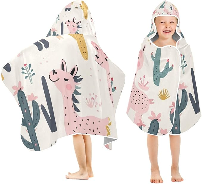 SPRIPORT Cute Alpaca Kids Hooded Beach Bath Towel Wrap for Boys Girls Toddler Surf Poncho Bathrobe with Front Pocket Changing Towel Robe for Shower Pool Swim