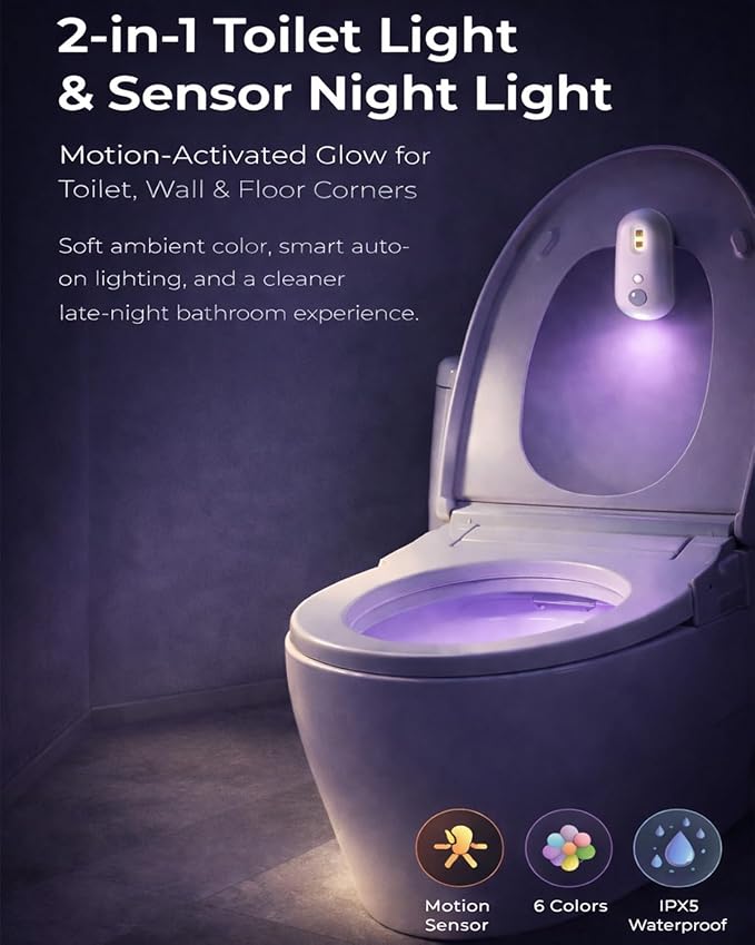 Self Cleaning UV Toilet Sanitizer and Night Light, Motion-Activated, USB Rechargeable, Adhesive-Mounted, 6-Color RGB Mode, IPX5 Waterproof for Shared Bathroom, Elderly & Pet(5pcs)