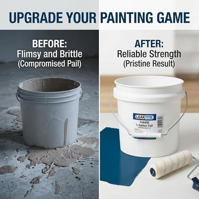 Leaktite White 1 gal Paint Pail – Small Bucket with Lid – Paint and Cleaning Tools – Mop and Car wash Bucket Basin – Pack of 3