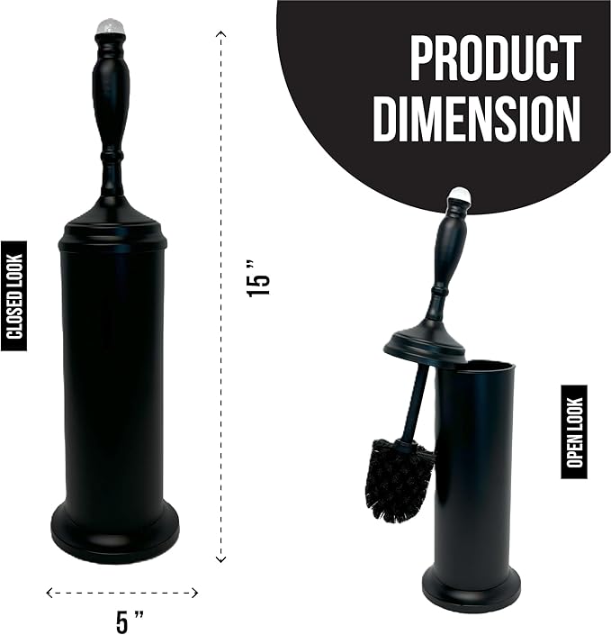 Splash Home Buena Stainless Steel Toilet Brush with Holder, Bowl Scrubber with Durable Cleaning Bristles, Hidden Brush with Splash Protective Disc Design - Matte Black