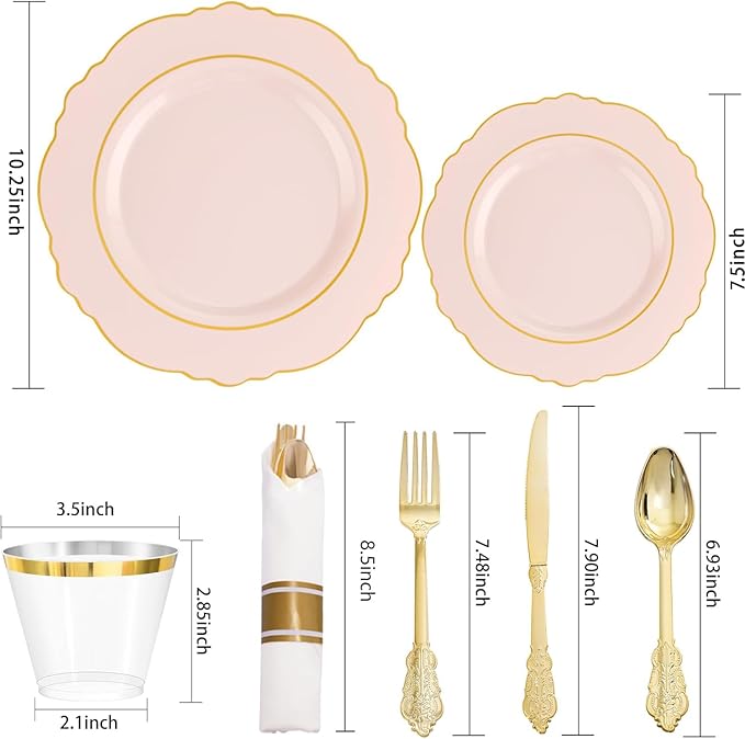 Liacere 350PCS Pink Plates Disposable-PinK Plates 50guest Baroque Plastic Dinnerware include 100Plates, 50Pack Pre Rolled Napkins with Silverware 50Cups Perfect for Wedding & Party