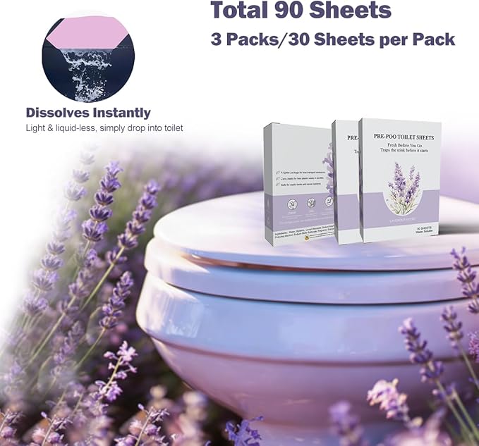90 Dissolvable Pre-Poo Toilet Sheets Lavender Scent 3 Pack Odor Stopping Sheets Before You Go Toilet Spray Alternative Dissolvable Odor Blocking Travel Bathroom Essentials Also for Floor Cleaning