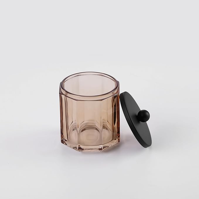 Taupe Translucent Apothecary Octagional Shaped Glass Canister Jar With Matte Black Metal Lid Cover for Bathroom Organization, Cotton Balls, Q Tips, and Small Accessories, Bathroom Storage