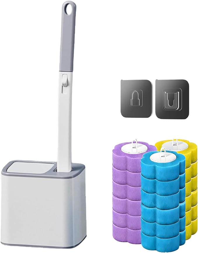Disposable Brush with Holder & Refill Heads - Hygienic Sanitary Toilet Cleaner for Easy Cleaning, Streak-Free Fresh Bathroom, No Mess Disposable Toilet Bowl Cleaner Wand (1, Grey)