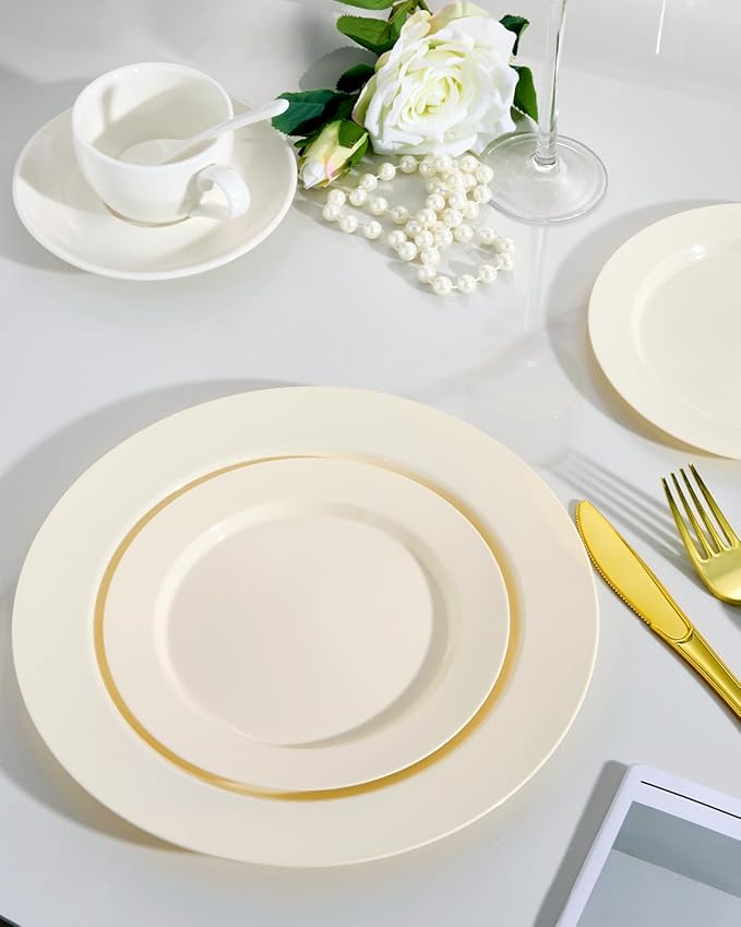 Goodluck 120 PCS Ivory Plastic Plates, Heavy Duty Disposable Ivory Plates with 60 10.25 inch Dinner Plates and 60 7.5 inch Dessert Plates for Party, Holiday, Wedding