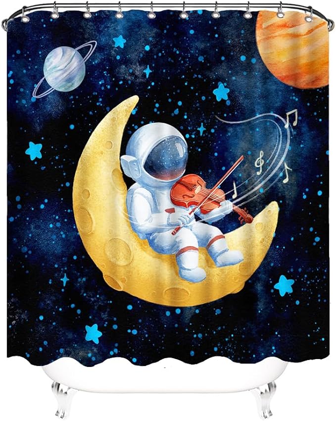 Outer Space Shower Curtain Astronaut Play Guitar Violin Flute Bath Curtain Funny Universe Musician Theme Bathroom Curtain for Kids Boys Bathroom Accessory with Hooks 72x72inch
