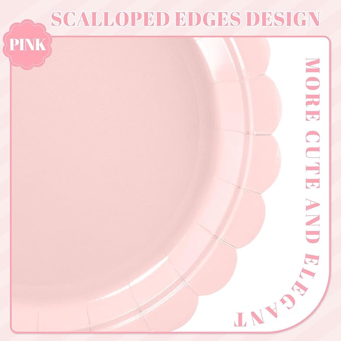 NatNarr 30 Pcs Pink Paper Plates 9 Inch Scalloped Pink Plates Cute Dessert Cake Party Plate for Girls Birthday, Baby Bridal Shower, Wedding