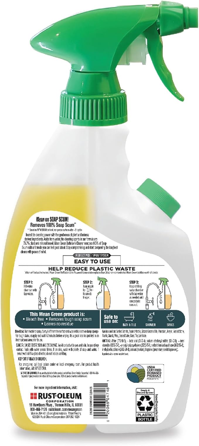 Mean Green Refillable Ultra Powered Bathroom Cleaner Concentrate, Tropical Breeze, 14.3 fl oz – Plant & Mineral Based, Removes 100% of Soap Scum, Refillable Bottle Makes 4X Refills