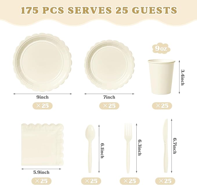 Vyntra 175 Pcs Ivory Disposable Paper Plates and Napkins Set for 25, 9" Dinner Plates & 7" Dessert Plates, Tableware for Wedding, Bridal Shower, Anniversary, Party