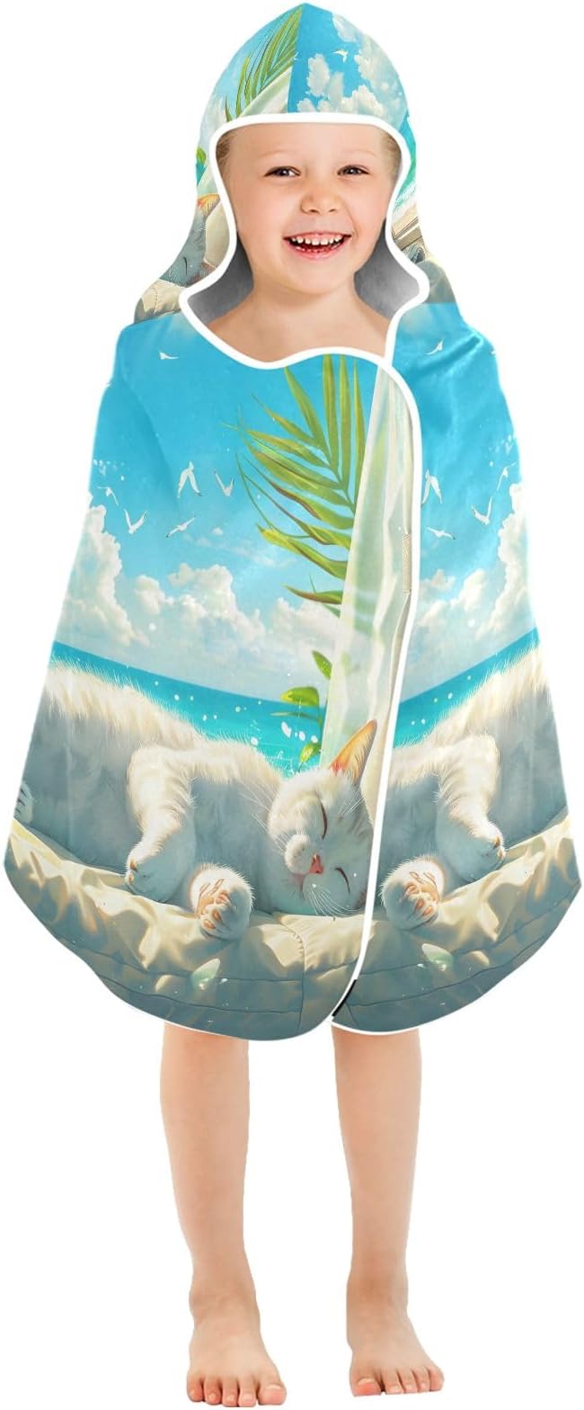 Hooded Towel for Kids Cute White Cat Lying and Basking Beach Wrap Bath Towels 50x23.5in