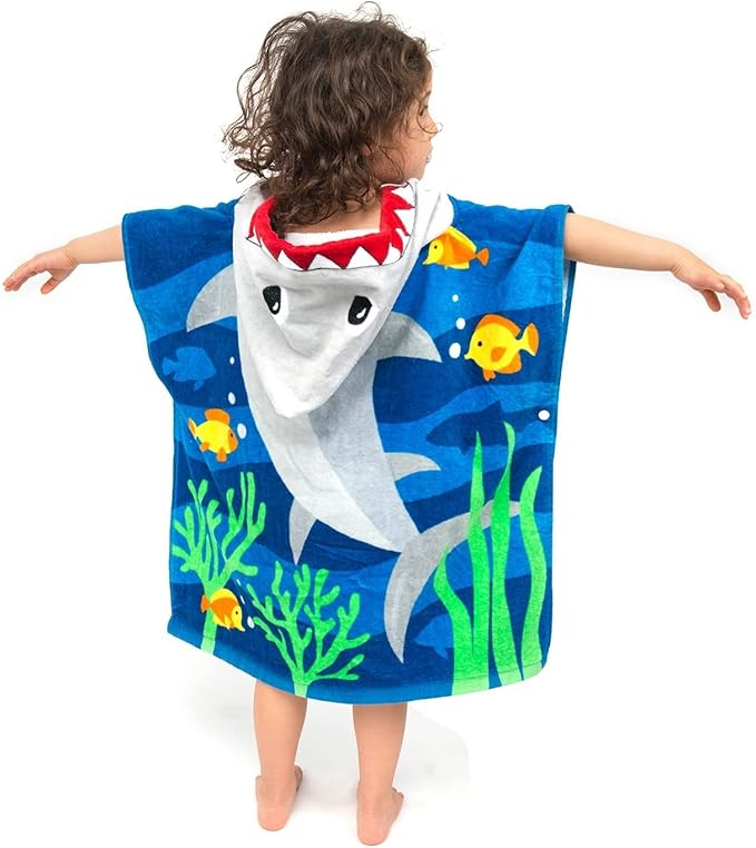 Florica Toddler Hooded Beach Towel Coverup Cape Kids Cotton Soft Quick Dry Absorbent Use for Swim Pool Bath Poncho Towels 2 to 6 Years Old Children 24"x 47" in Full-Length (Brave Shark)