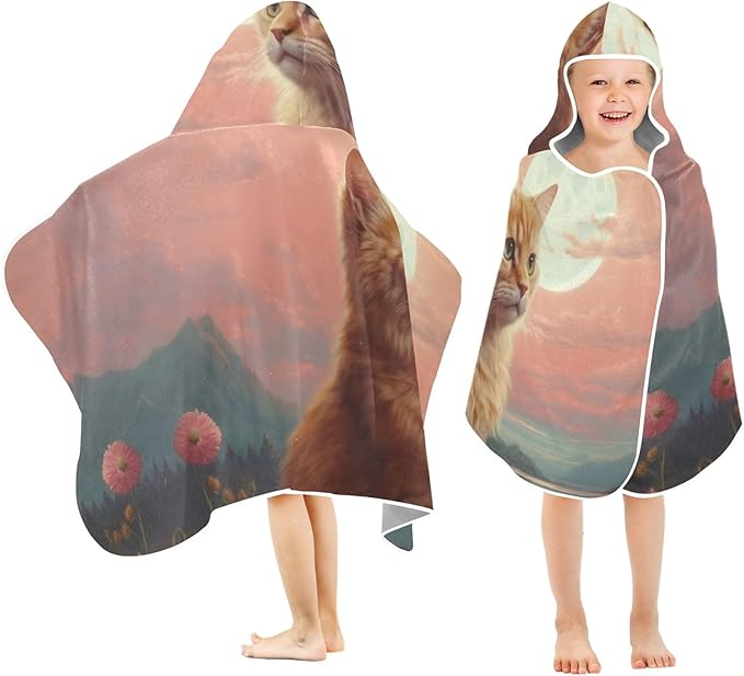 Hooded Towel for Kids Orange Cat and Pink Flowers Near The River Beach Wrap Bath Towels 50x23.5in