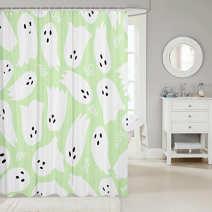 Cartoon Ghost Fabric Shower Curtain,White Green Watercolor Hand Draw Print Shower Curtain,Halloween Waterproof Shower Curtain for Bathroom,72 Inch Long