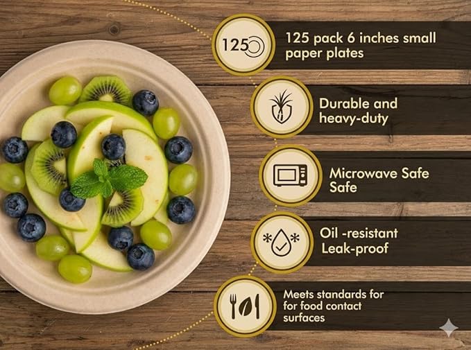 125 Pack 6 inch Paper Plates, Heavy-Duty Disposable Paper Plates 100% Compostable - Biodegradable Bagasse Dessert Plates Bulk for Party, Wedding, Snacks (Natural) (6 Inch 125 Pack Brown)
