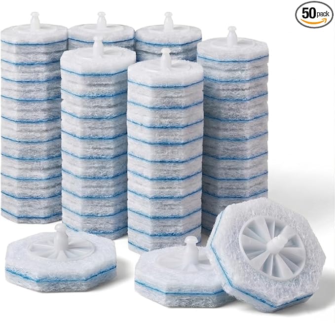 Disposable toilet wand refills (50 pack) compatible with Clorox, secure lock no-slipping design, instant foam cleaning scrubber pads, odor neutralizing refills
