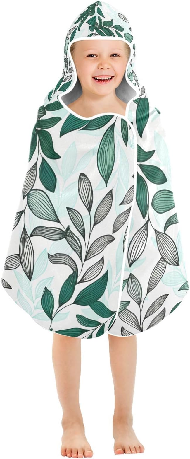 CEBUGI Dark Green Leaves Hooded Bath Towel for Kids Absorbent Soft Bath Towel Wrap with Hood 50x23.5in Pool Beach Shower Towel for Boys Girls