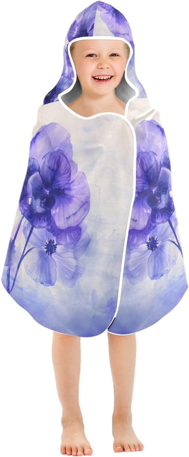 Hooded Towel for Kids Purple and Blue Flowers Water Color Beach Wrap Bath Towels 50x23.5in