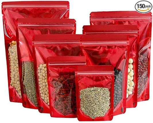 150 Pcs Mylar Bags for Food Storage, 5x8 Mylar Bag with Window Stand Up, Small Holographic Resealable Bags Smell Proof Bag Food Packaging for Small Business Freeze Dried Candy Jewelry Foil Packaging