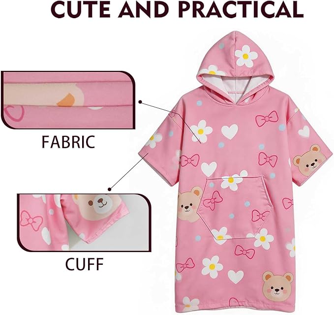 Kids Hooded Poncho Towels, Wearable, Absorbent Hooded Beach Towel for Girls and Boys Girls 7-14 Years Cartoon- Themed Wearable Towel Perfect for Kids At The Bath, Beach