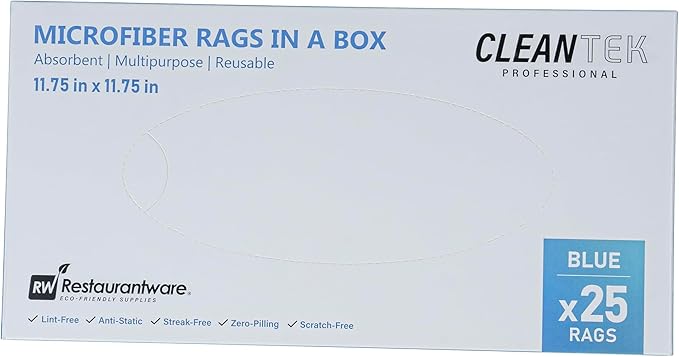 Restaurantware-Clean Tek Professional 11.81 x 11.81 Inch Microfiber Rags In a Box, 25 Absorbent Cleaning Cloths - No-Scratch, Blue Microfiber Reusable Edgeless Cleaning Towels, Leaves No Streak