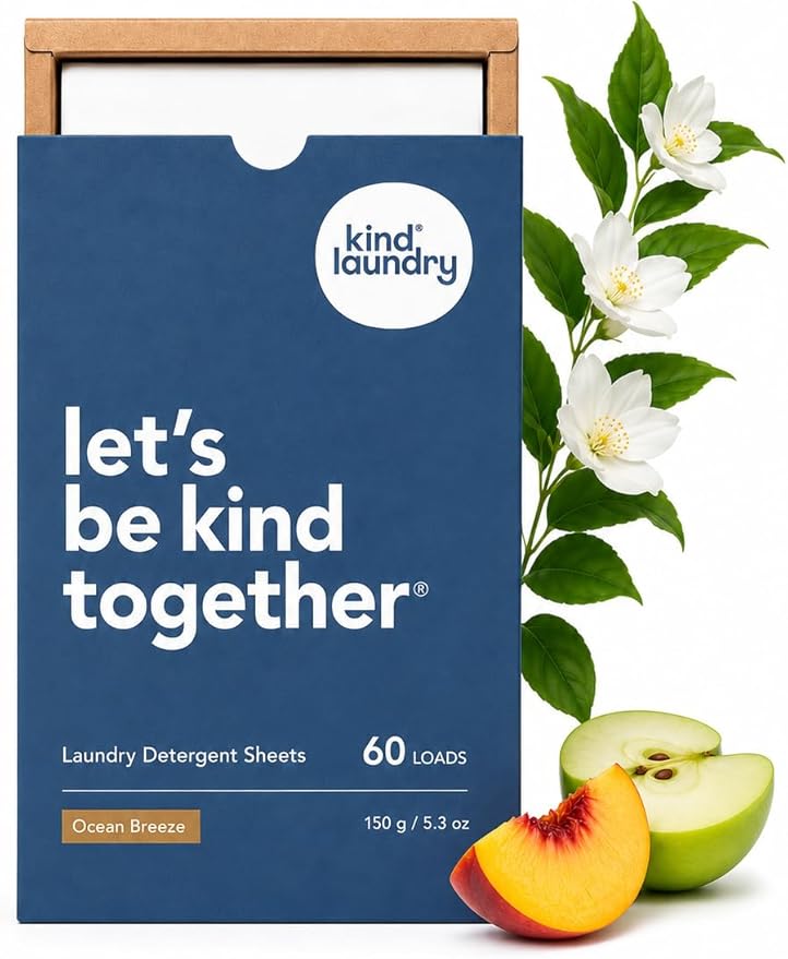 Kind Laundry Detergent Sheets – 60 Loads Ocean Breeze, EWG Verified, No Residue After Wash, Eco Plastic-Free Liquidless Laundry Soap, Non-Toxic Formula, for Sensitive Skin, Travel & Dorm Friendly