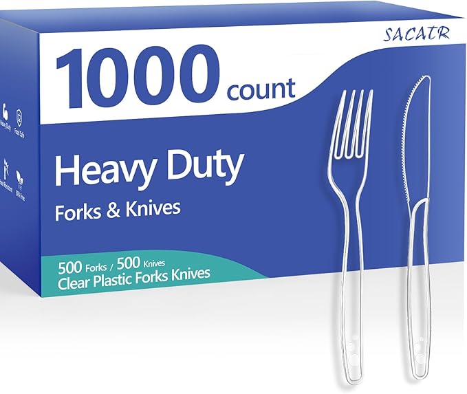 SACATR 1000 Count Plastic Silverware Heavy Duty - 500 Plastic Forks, 500 Plastic Knives, BPA-Free, Disposable Plastic Cutlery Set, Plasticware Suitable for Party Everyday Use