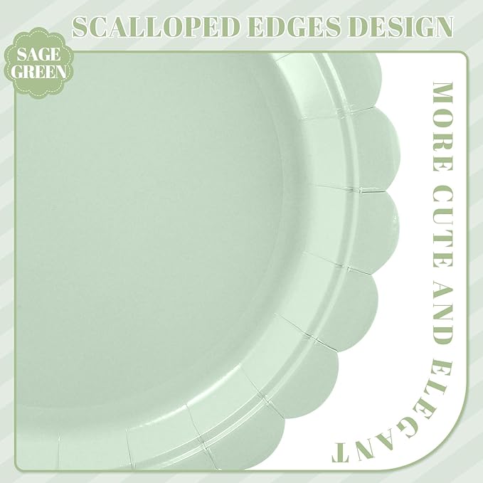 NatNarr 30 Pcs Sage Green Paper Plates 9 Inch Disposable Scalloped Wedding Plates Cute Dessert Cake Plate Party Dinner Plate for Spring, Bridal Baby Shower, Engagement, Birthday