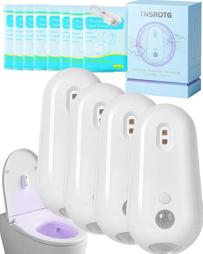 Self Cleaning UV Toilet Sanitizer and Night Light Elderly Motion Activated Rechargeable Toilets Lights Adhesive Sensor Smart Shared Bathroom Automatic Toilet Nightlight Mounted Bowl Seat(4pcs)