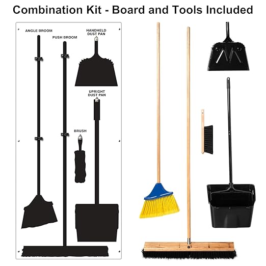 Clean & Sweep 5S Shadow Board/Wall Mount Broom Holder, 68" x 30" Board, 5S Cleaning Station - with Broom and Dustpan Set Included, Made in The USA by AccuformNMC, White/Black, PSB716WTBK