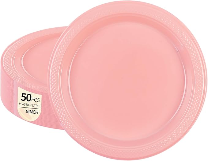 50 Count Pink Plastic Plates, 9 Inch Disposable Party Plates Dinner Plates for Birthday Wedding Party Supplies (Pink, 9 Inch)
